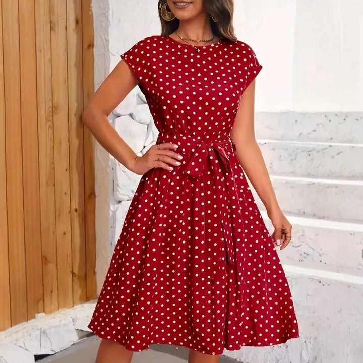 Damen Midikleid mit taillierendem Bindegürtel und verspieltem Polka-Dots Design Drune