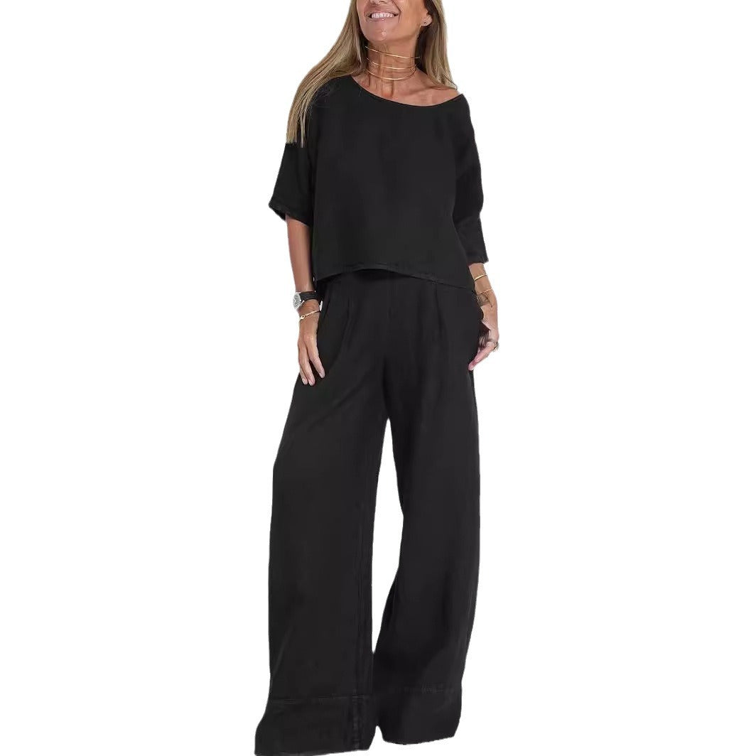 Damen lässiges Leinen-Set mit weitem Oberteil und palazzo Hosen Drune