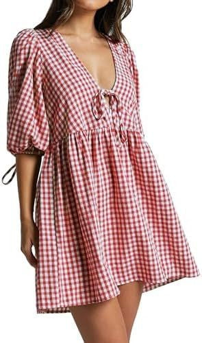 Damen Freizeitkleid mit V-Ausschnitt und Puffärmeln Drune