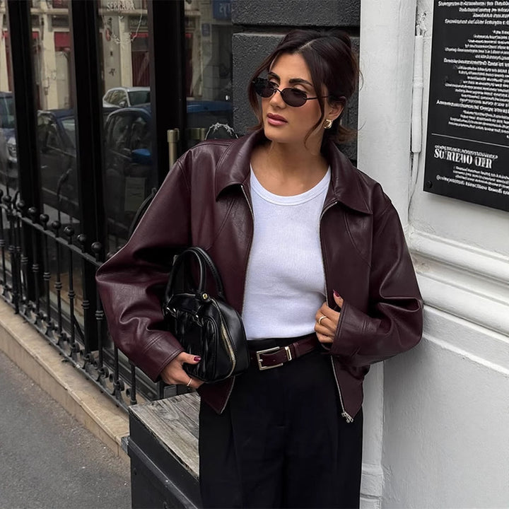 Damen elegante Lederjacke mit oversized Schnitt Drune