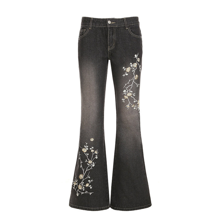 Damen Flared Jeans mit floralem Stickdesign und hohem Taillenbund Drune