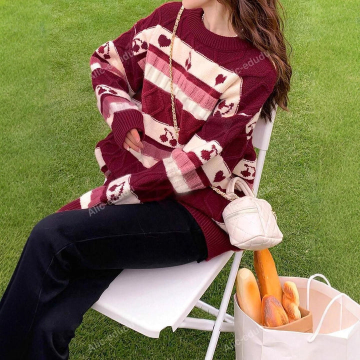 Damen Grobstrickpullover mit kreativem Herz- und Fruchtmuster Drune