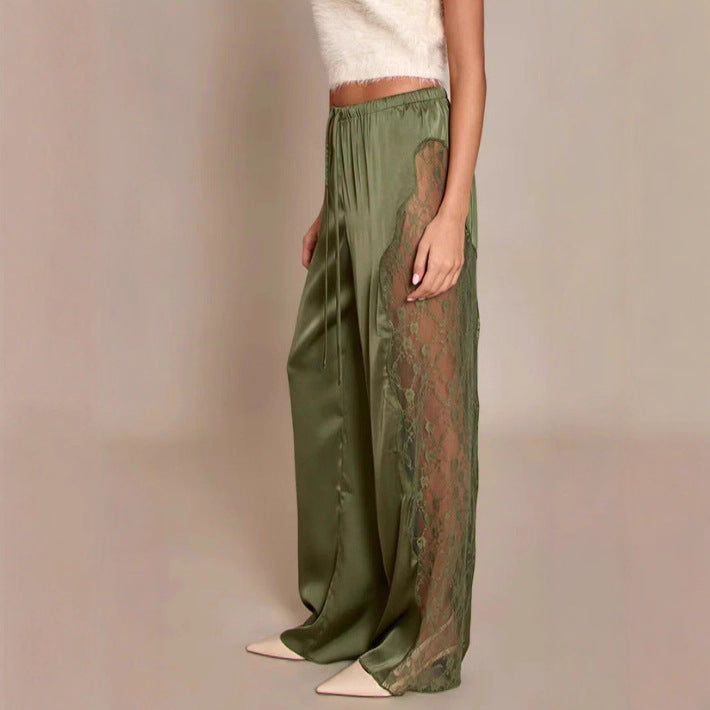Damen elegante Satin-Hose mit Spitzeneinsätzen und seitlichem Schnitt Drune