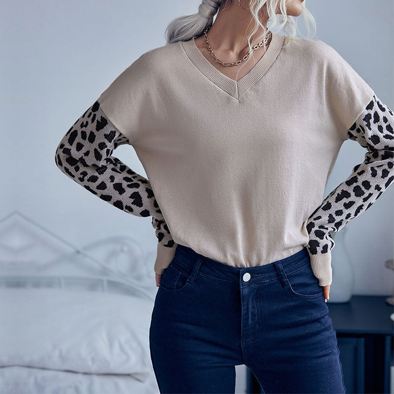 Damen Strickpullover mit V-Ausschnitt und Leopardenärmeln Drune