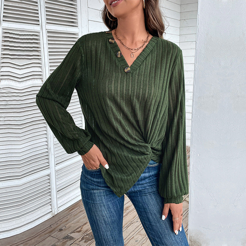 Damen modisches Langarmshirt mit V-Ausschnitt und dekorativen Knöpfen Drune