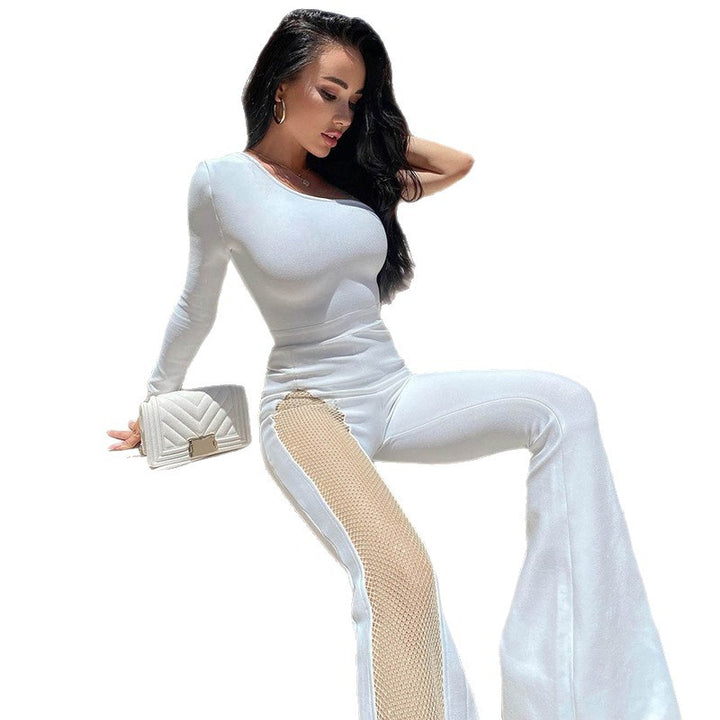 Damen figurbetontes Jumpsuit mit asymmetrischem Ausschnitt und netzseitigen Einsätzen Drune