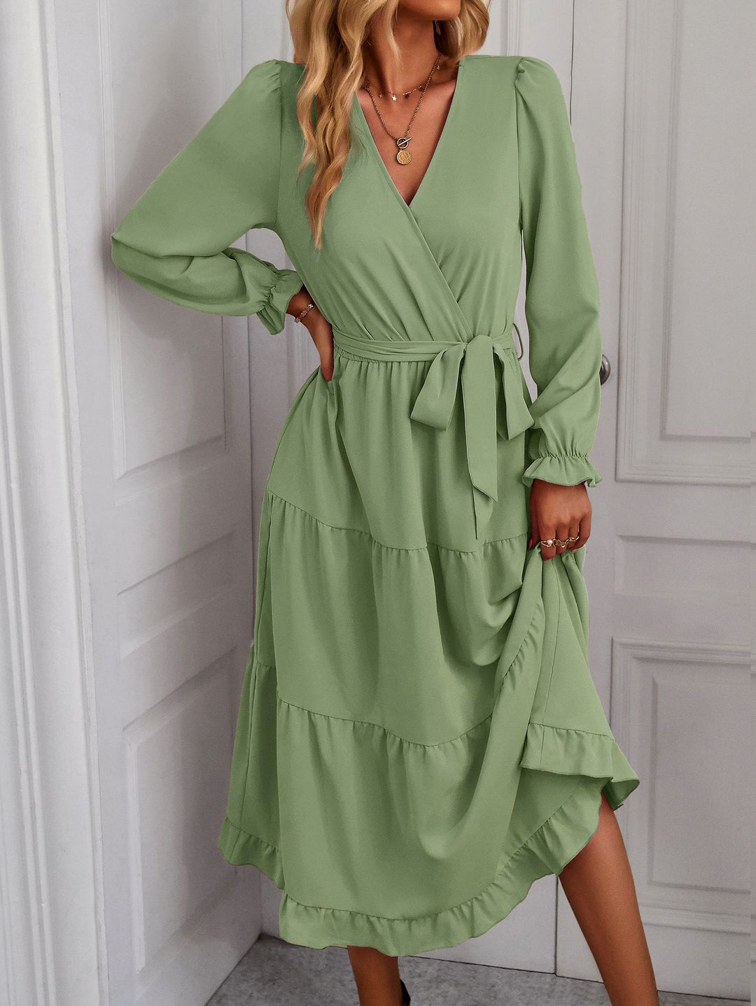 Damen Wickelkleid mit Rüschen und Taillengürtel Drune