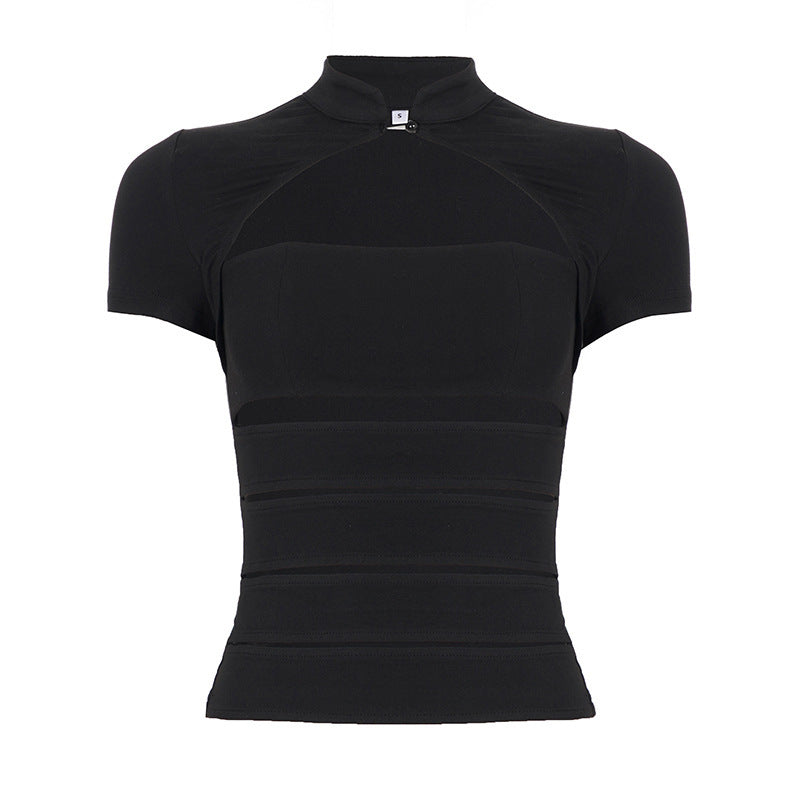 Damen Cropped Blusenshirt aus strapazierfähigem Stretchmaterial mit elegantem Stehkragen Drune