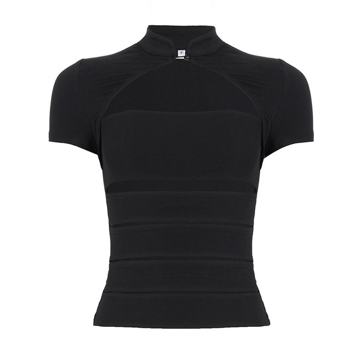 Damen Cropped Blusenshirt aus strapazierfähigem Stretchmaterial mit elegantem Stehkragen Drune