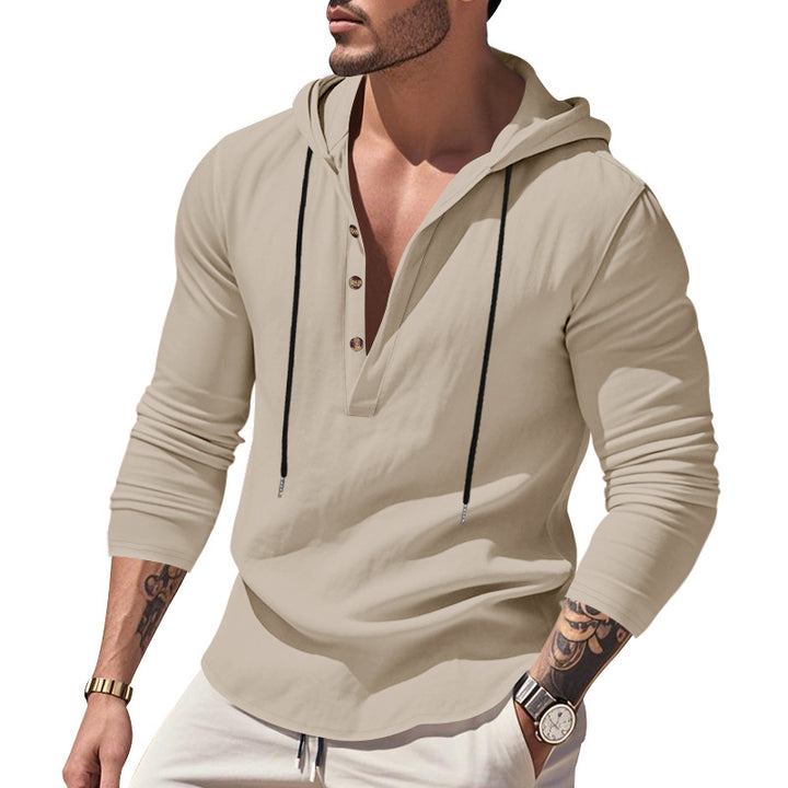 Herren nan lässiges Leinenhemd mit Kapuze und Henley-Knopfleiste Drune