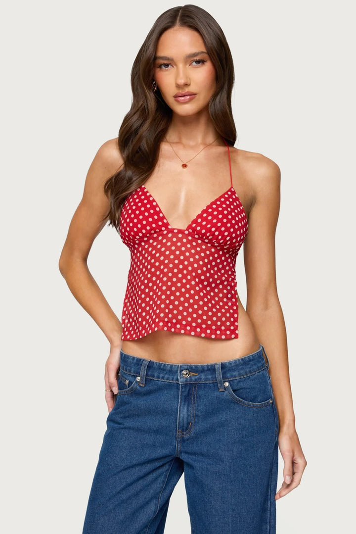 Damen Polka Dot Top mit zarten Trägern und figurbetontem Schnitt Drune
