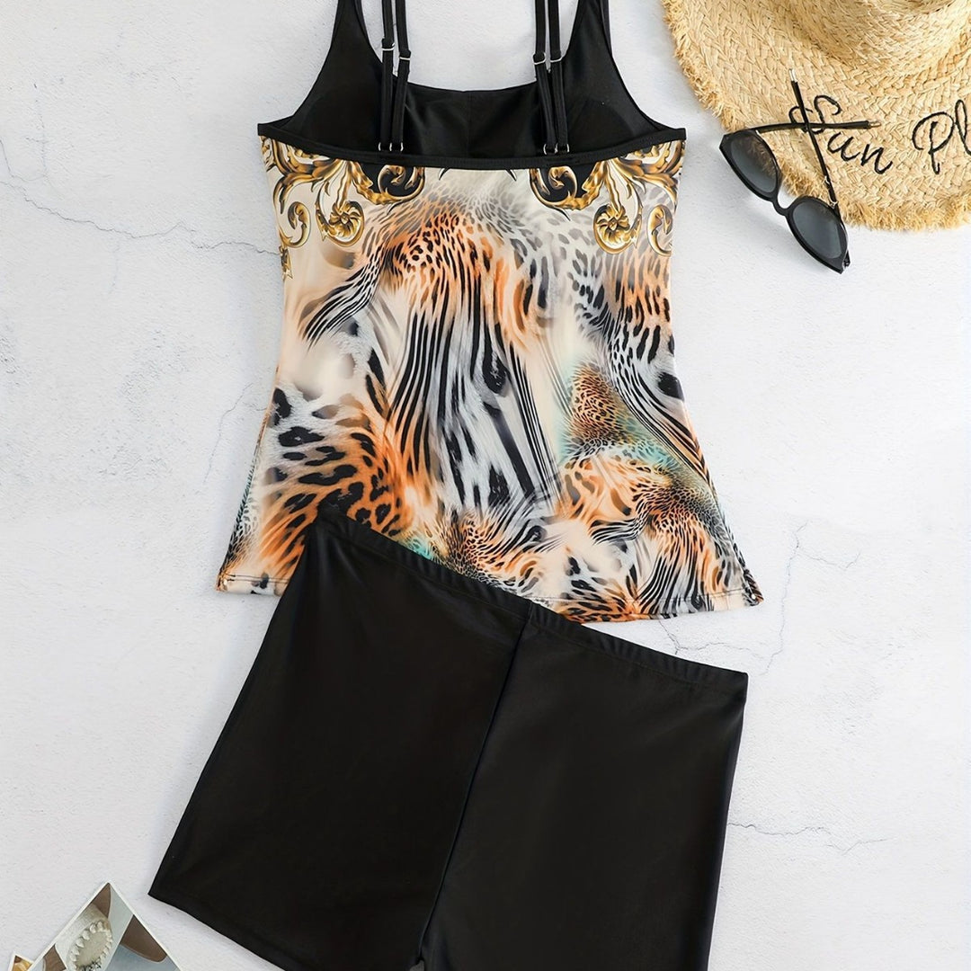 Damen Sportliches Tankini-Set mit modischem Animal-Print und Boxershorts Drune