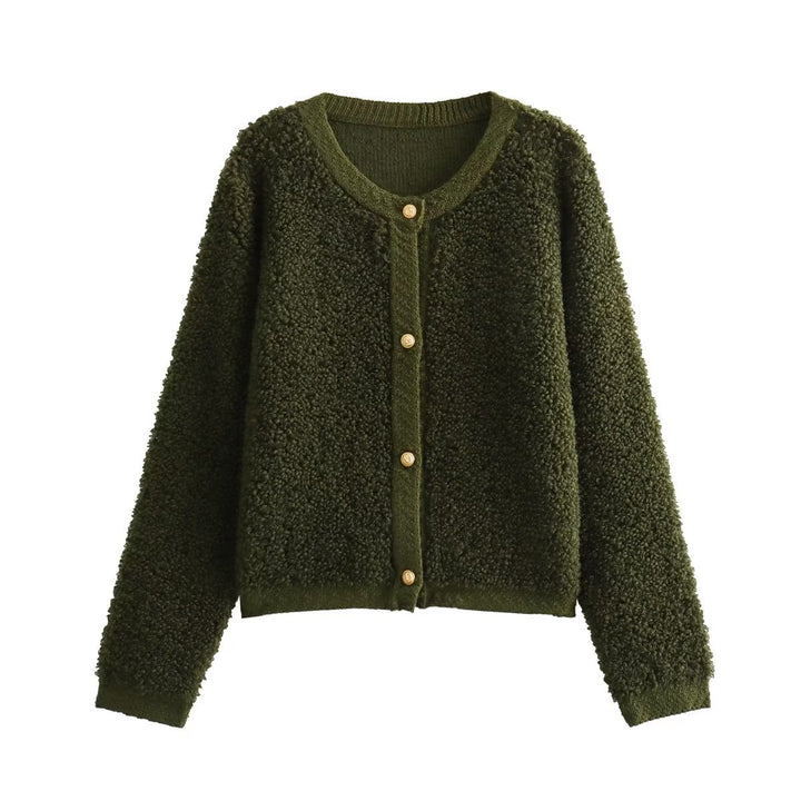 Damen kuschelige Fleecejacke mit dekorativen Holzknöpfen und eleganter Schnittführung Drune