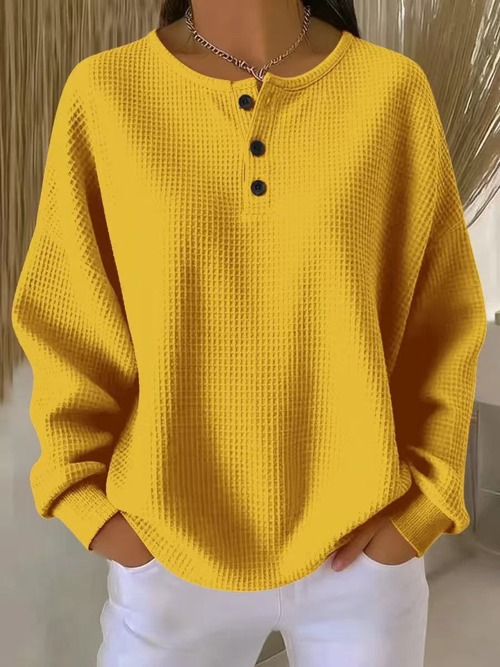 Damen nan Oversized Waffelstrick Henley-Pullover mit Knopfleiste und abgerundetem Saum Drune