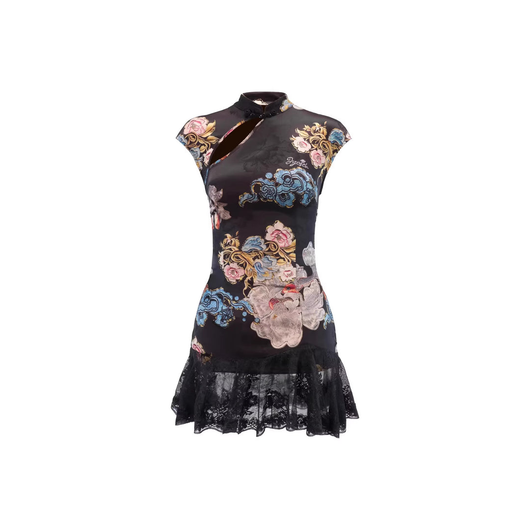 Damen Kurzärmliges Blumenkleid mit Spitzenunterrand Drune