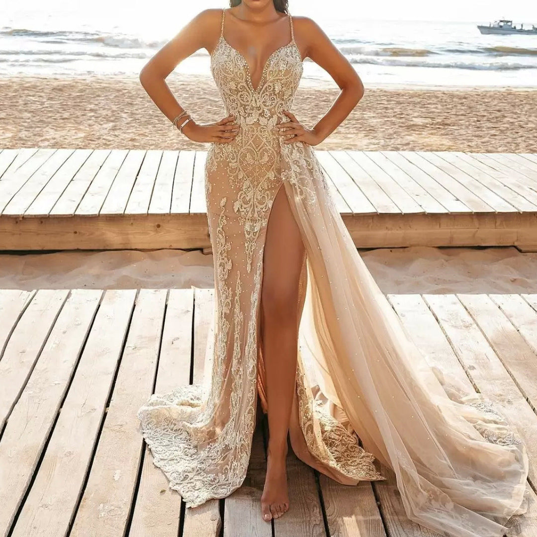 Damen Glamouröses Abendkleid mit tiefem V-Ausschnitt und funkelnden Verzierungen Drune