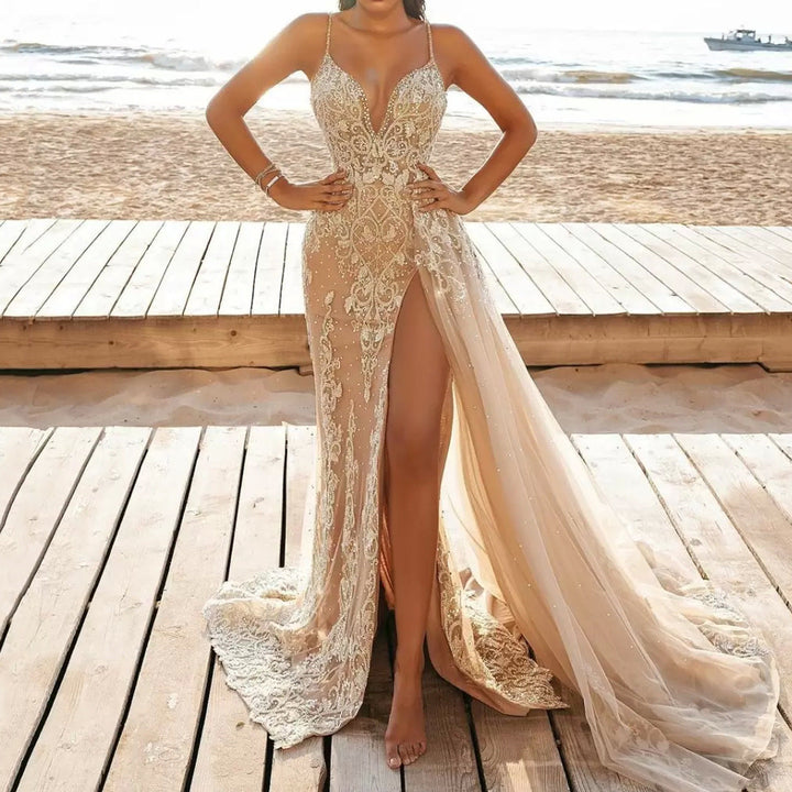 Damen Glamouröses Abendkleid mit tiefem V-Ausschnitt und funkelnden Verzierungen Drune