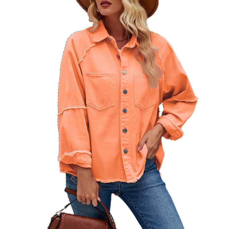 Damen lässige Oversized Jeansjacke mit fransigem Saum Drune