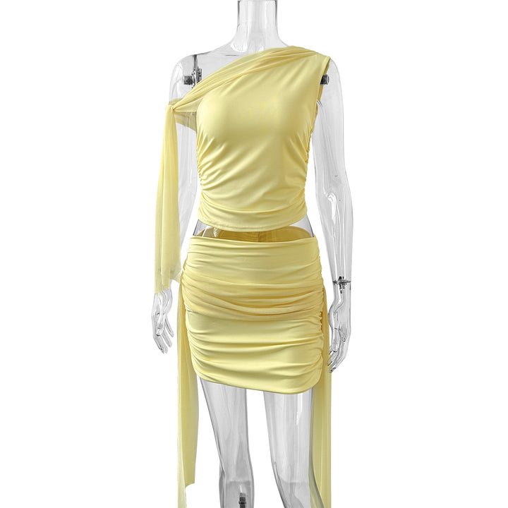 Damen Set aus schulterfreier Bluse und Mini-Rock mit Raffung Drune