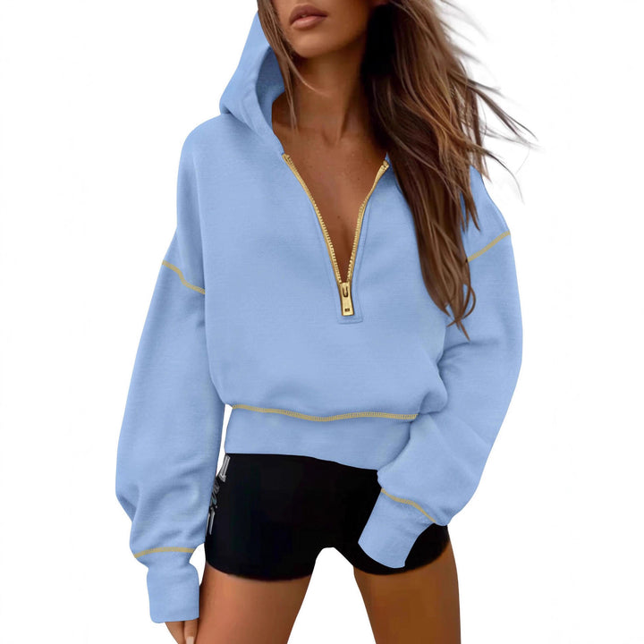 Damen nan cropped Kapuzenpullover mit halbem Reißverschluss und voluminösen Ballonärmeln Drune