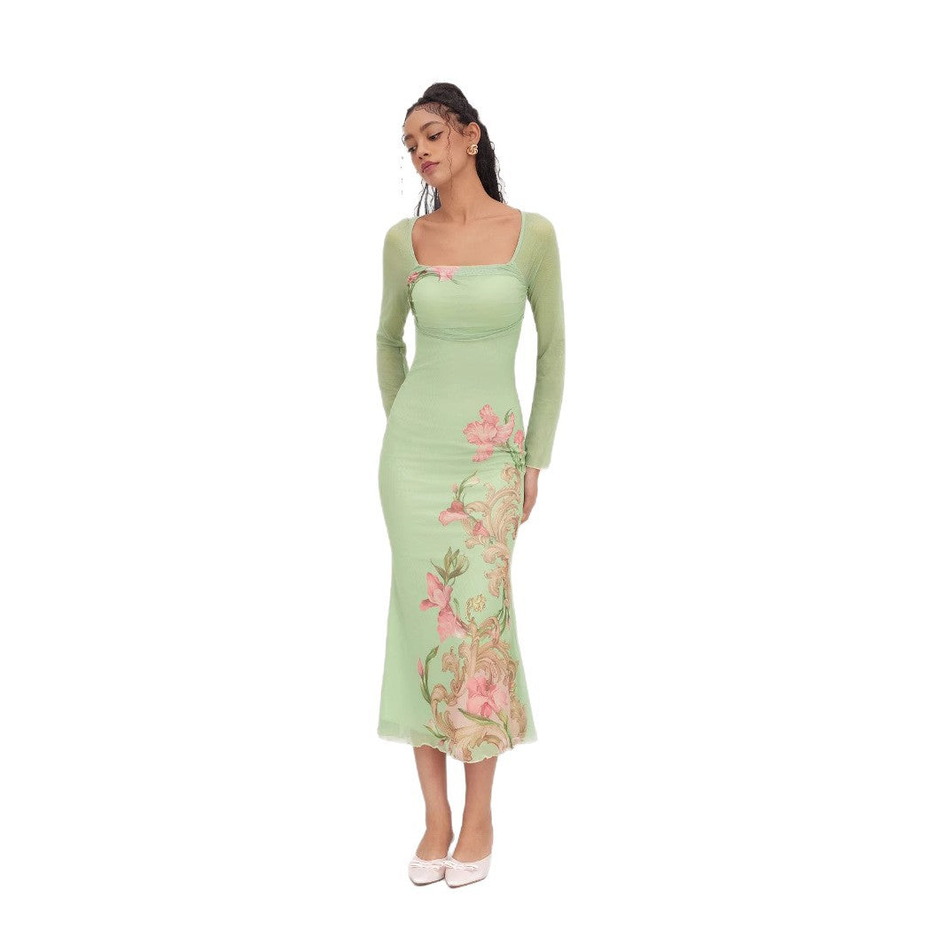 Damen elegantes Midikleid mit floralem Design und transparenten Longsleeves Drune
