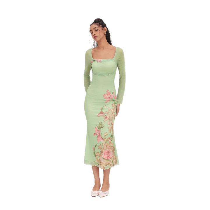 Damen elegantes Midikleid mit floralem Design und transparenten Longsleeves Drune