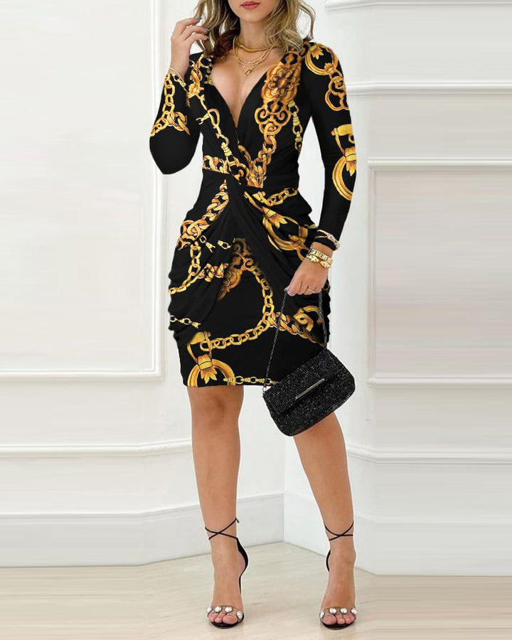 Damen Wickelkleid mit kunstvollem Kettenmuster und tiefem V-Ausschnitt Drune