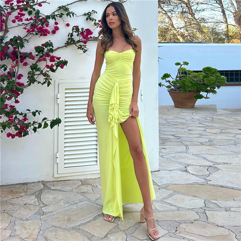Damen Elegantes Maxikleid mit raffinierten Rüschendetails und Spaghettiträgern Drune