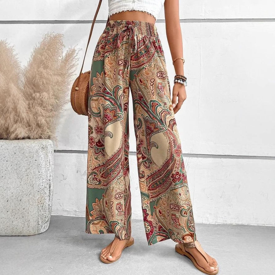 Damen Weitgeschnittene Palazzo-Hose mit floralem Paisley-Muster und elastischem Bund Drune