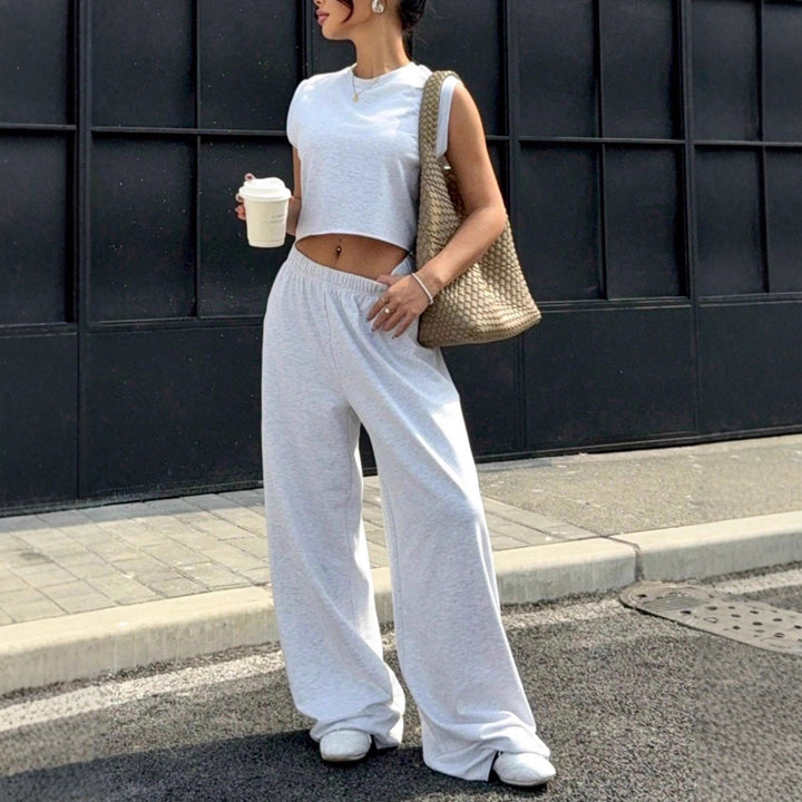 Damen lässiges Crop-Top und weite Freizeithosen Set Drune