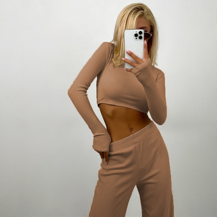 Damen nan geripptes Cropped-Longsleeve mit weiter High-Waist-Loungehose Set Drune
