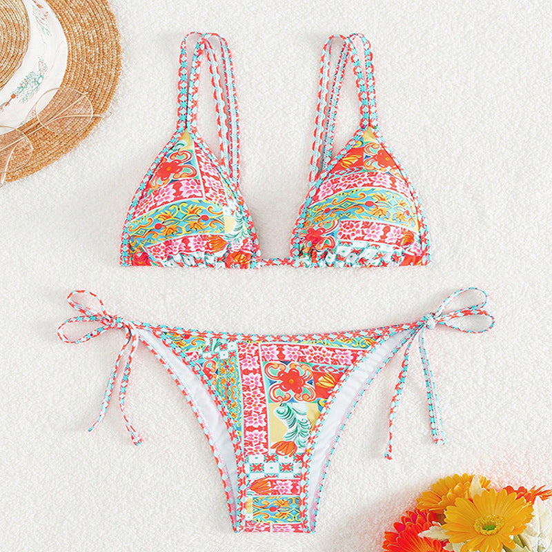Damen Triangel-Bikini mit feinem Musterdesign und raffinierten Bindebändern Drune