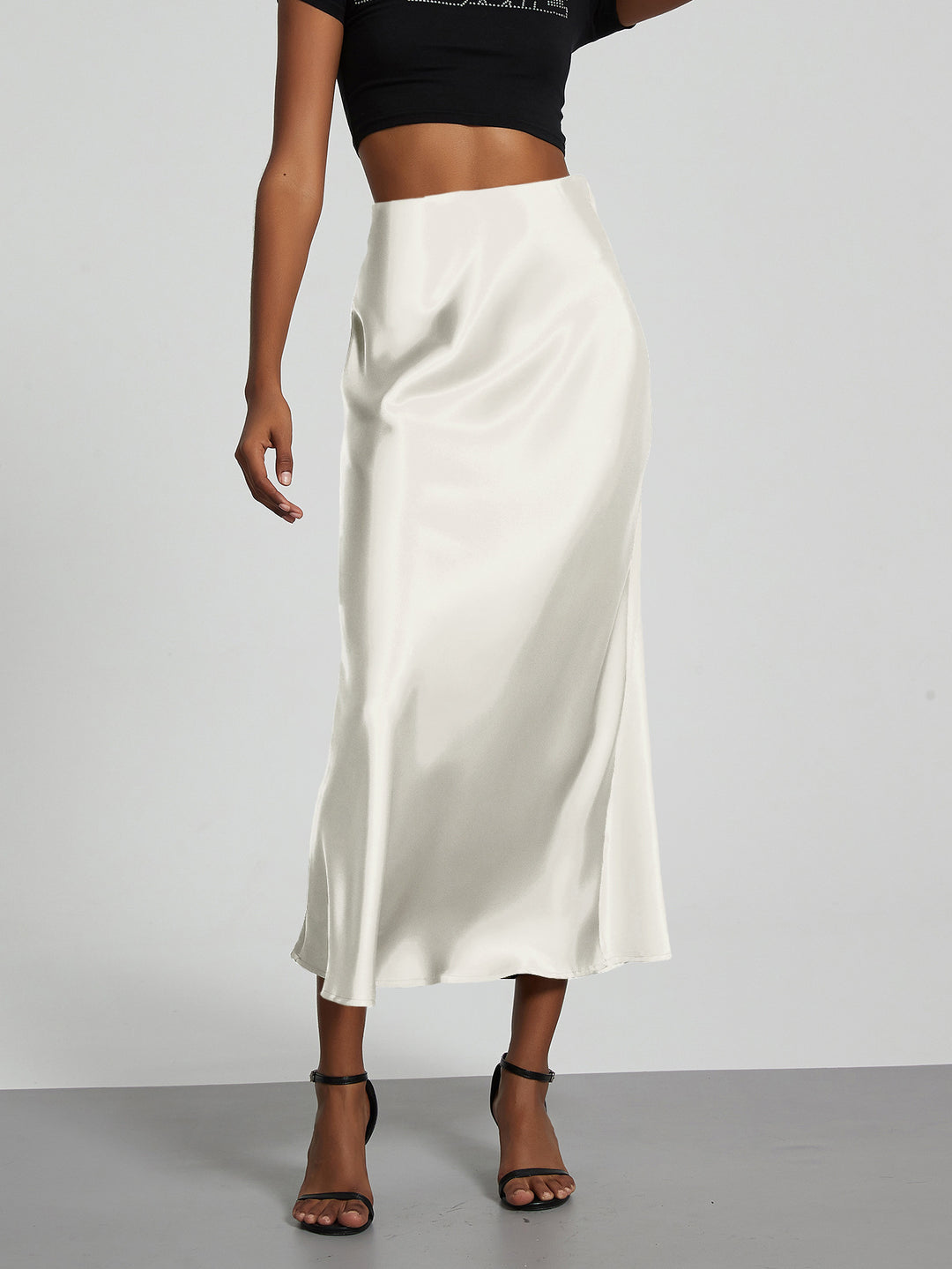 Damen Stilvolle Satin-Stretchrock mit hohem Bund und fließendem Schnitt Drune