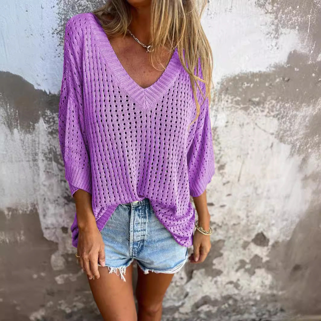 Damen nan luftig gestrickter V-Ausschnitt Pullover im Oversize-Schnitt Drune