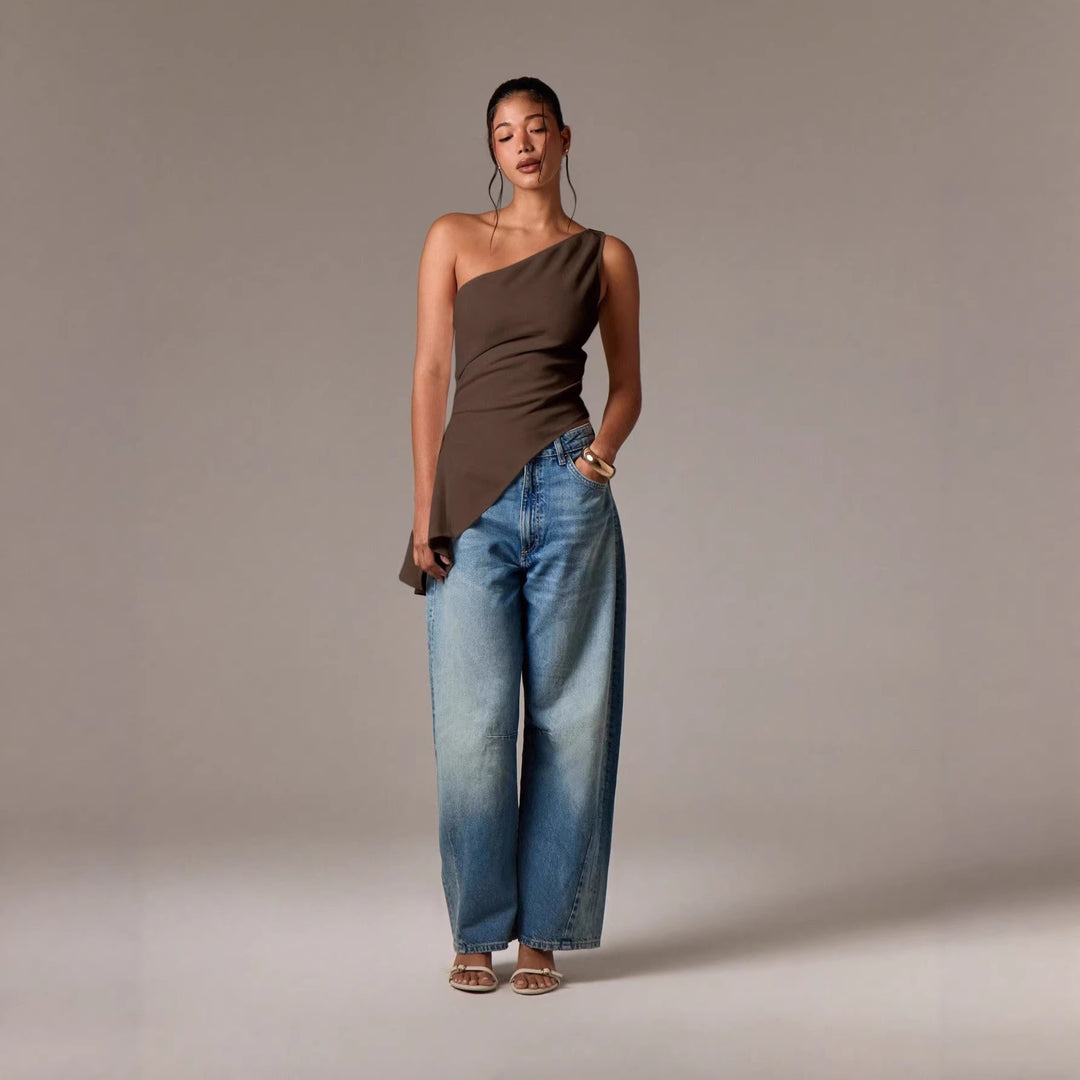 Damen asymmetrisches Oberteil mit gestuftem Saum und elegantem Fließdesign Drune