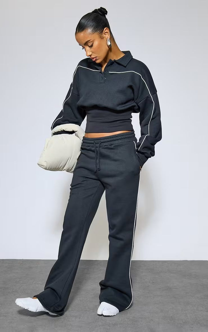 Damen Sportliches Crop-Polo und weite Jogginghose Set Drune