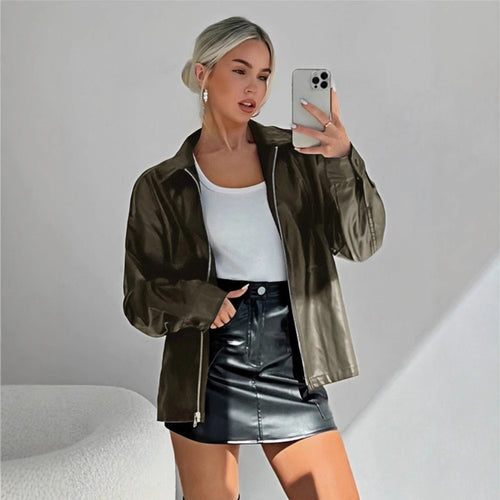 Damen leichtgewichtige Kunstlederjacke mit modernem Reißverschluss Drune