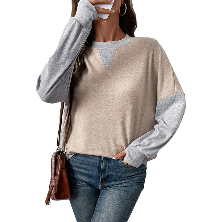 Damen lässiger Langarm-Pullover mit kontrastierenden Ärmeln und V-Ausschnitt Drune