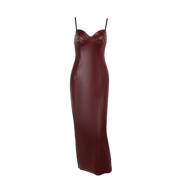 Damen Elegantes Kunstleder Maxikleid mit figurbetontem Schnitt und Spaghettiträgern Drune