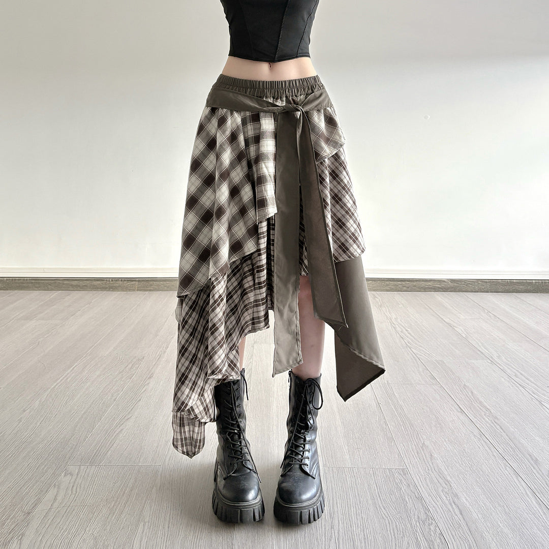 Damen asymmetrischer Wickelrock mit Karomuster und breitem Bindegürtel Drune