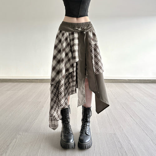 Damen asymmetrischer Wickelrock mit Karomuster und breitem Bindegürtel Drune