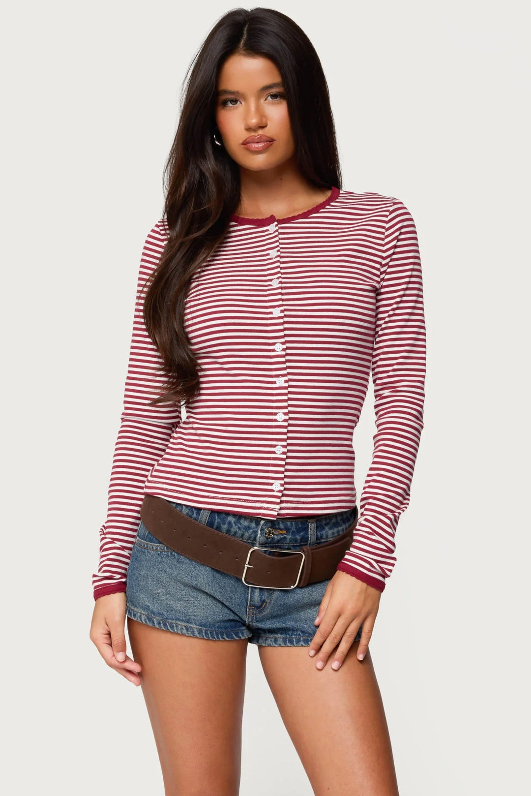 Damen Langarm Shirt mit Streifenmuster und Knopfleiste Drune