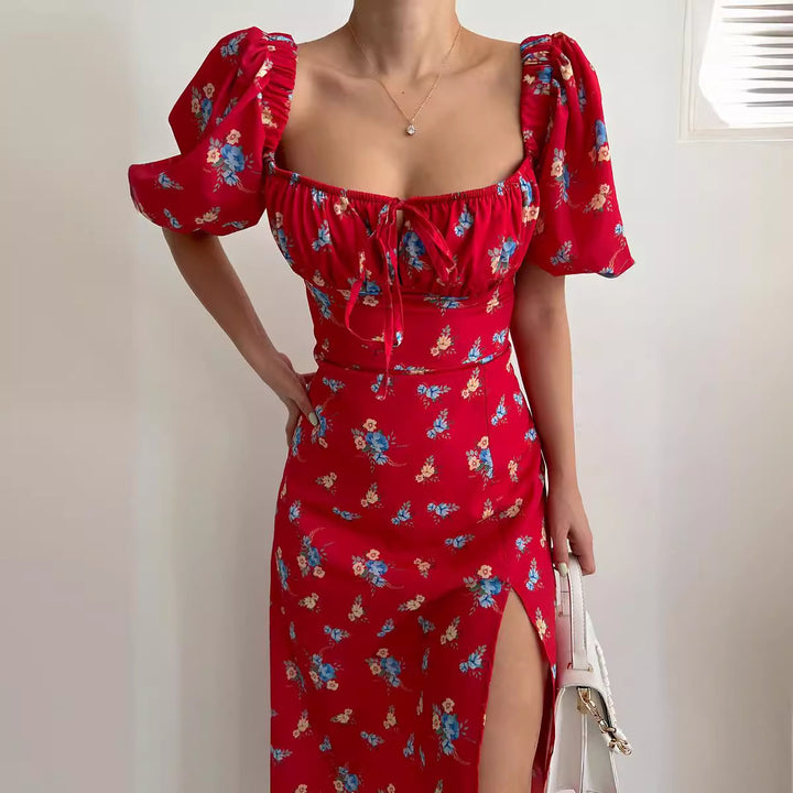 Damen Blütenmuster Maxikleid mit Puffärmeln und hohem Beinschlitz Drune