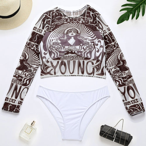 Damen Sportlicher Crop-Top mit langem Arm und eleganten Print Drune