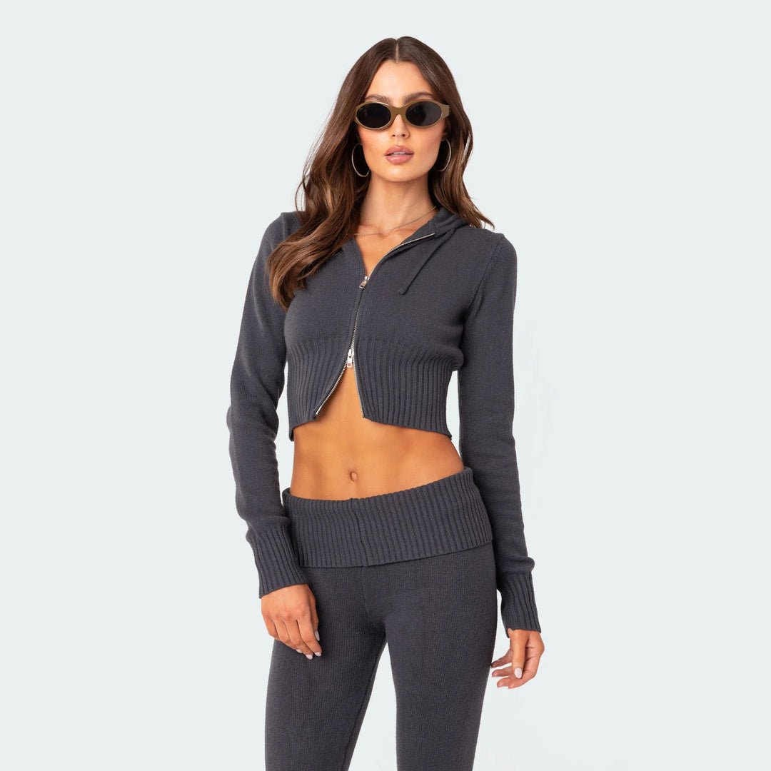 Damen modisches cropped Strickset mit flared Hose Drune