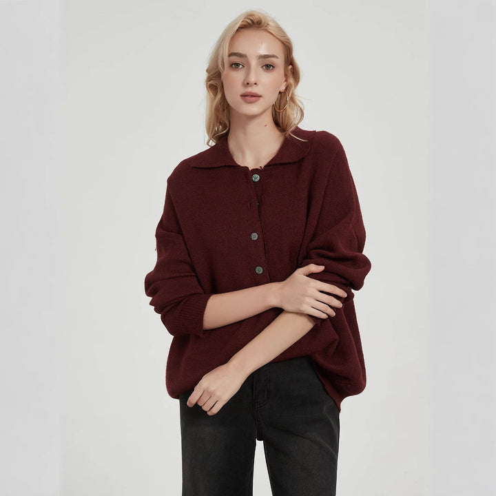 Damen Oversized Strickpullover mit elegantem Kragen und Knopfdetails Drune
