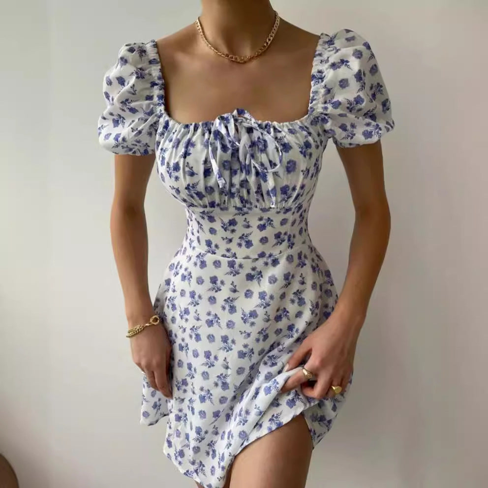 Damen Blütenmuster Mini-Kleid mit Puffärmeln Drune