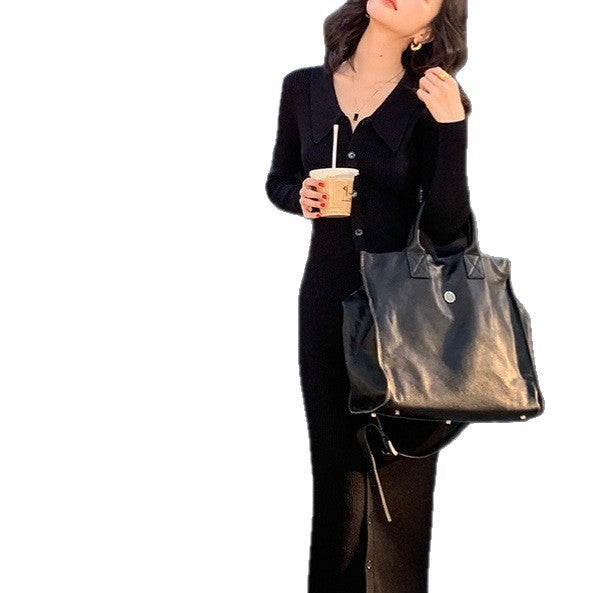Damen Strickmaxikleid mit Knopfverschluss und modischem Kragen Drune