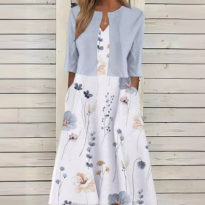 Damen nan Midikleid mit Bolero-Optik, tailliertem V-Ausschnitt, Dreiviertelärmeln und floralem A-Linienrock Drune
