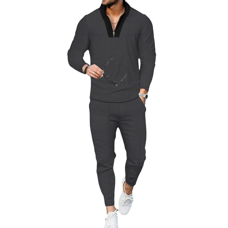 Herren nan modernes Freizeit-Set Halbzip-Henleypullover mit Raglanärmeln und tapered Bügelfalten-Jogginghose Drune